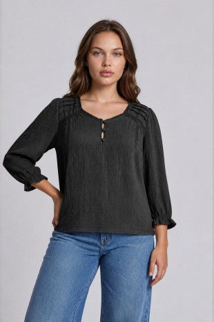 Plus Crochet Trim V-neck 3/4 Sleeve Henley Top