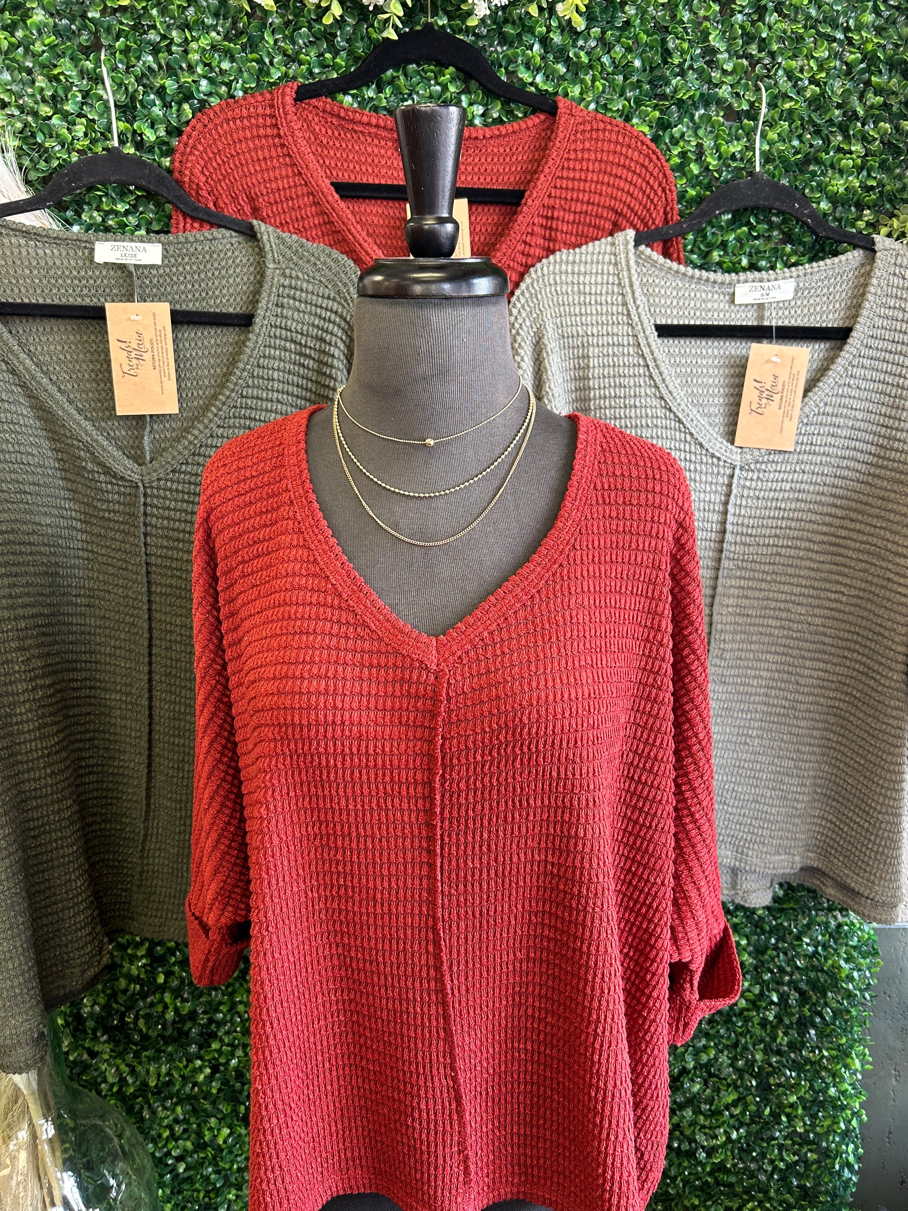 Waffle V-neck Side Slit Top