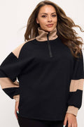Women's Sleek Colorblock Half-Zip Cozy Fall Top Plus Size: Black/Light Khaki / XXXL