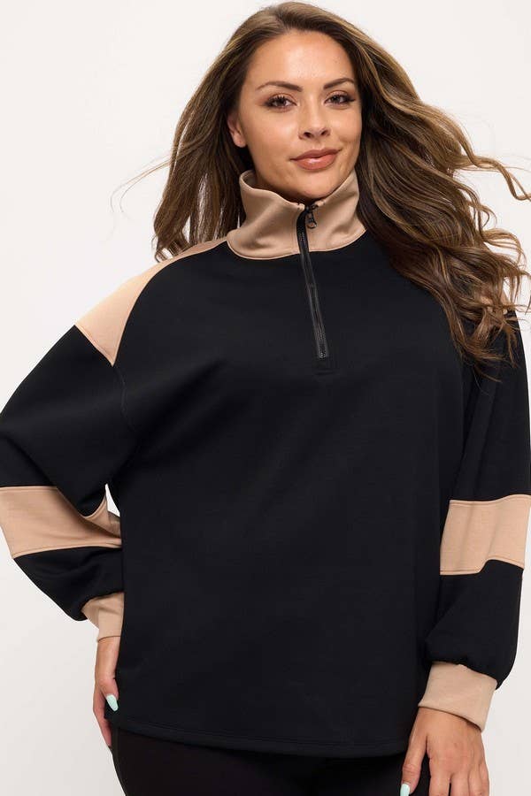 Women's Sleek Colorblock Half-Zip Cozy Fall Top Plus Size: Black/Light Khaki / XXXL