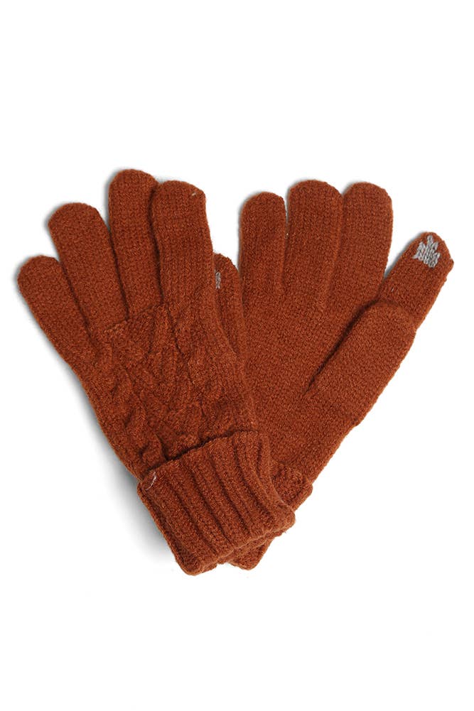 Solid Cable Knit Gloves with Flip Cuff