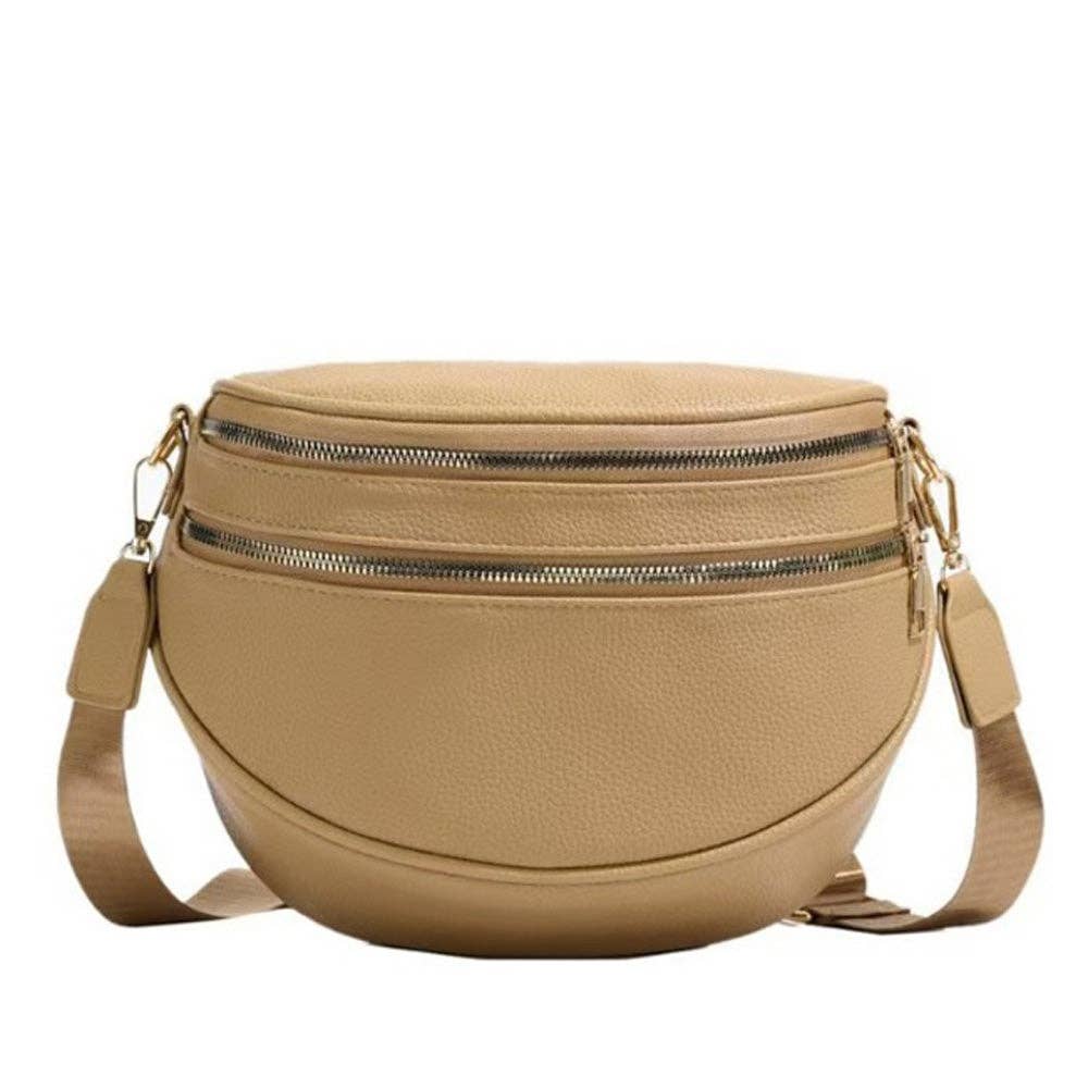 Sabrina Double Zip Leather Crescent Sling: Cognac