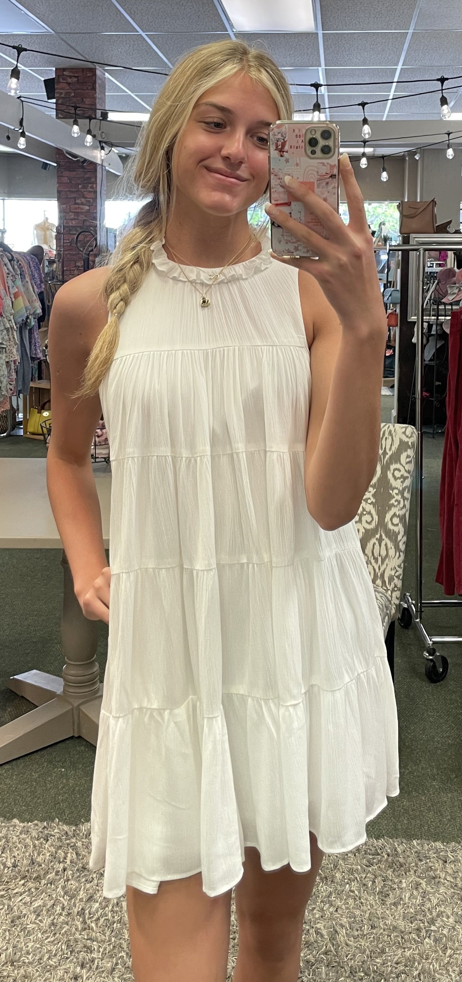 White Sleeveless Ruffle Neck Tiered Dress