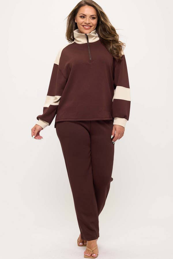 Women's Sleek Colorblock Half-Zip Cozy Fall Top Plus Size: Black/Light Khaki / XXXL