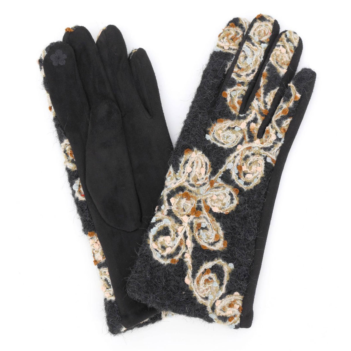 Floral Embroidered Touchscreen Gloves: Taupe