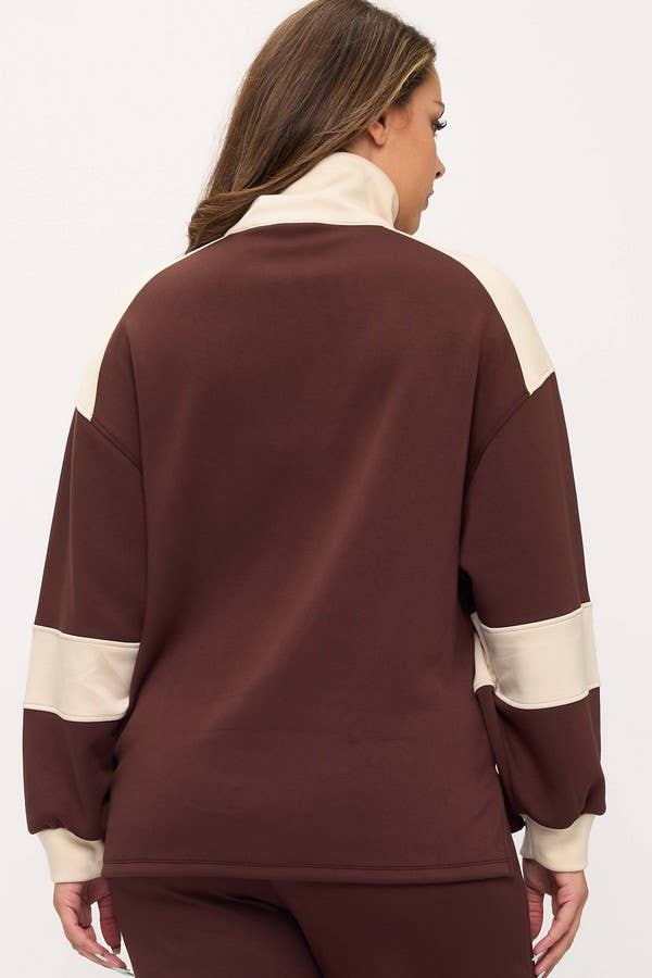 Women's Sleek Colorblock Half-Zip Cozy Fall Top Plus Size: Black/Light Khaki / XXL
