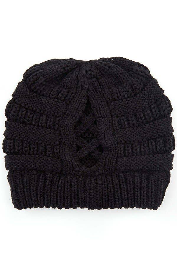 C.C Criss Cross Ponytail Knit Beanie Winter Hat: Burgundy