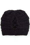 C.C Criss Cross Ponytail Knit Beanie Winter Hat: Black