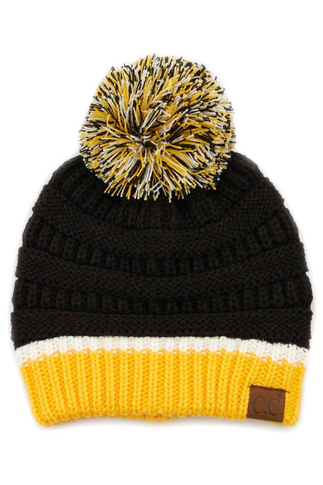 C.C Team Color Ribbed Beanie with Pom Winter Hat: 6.royal Blue/Red