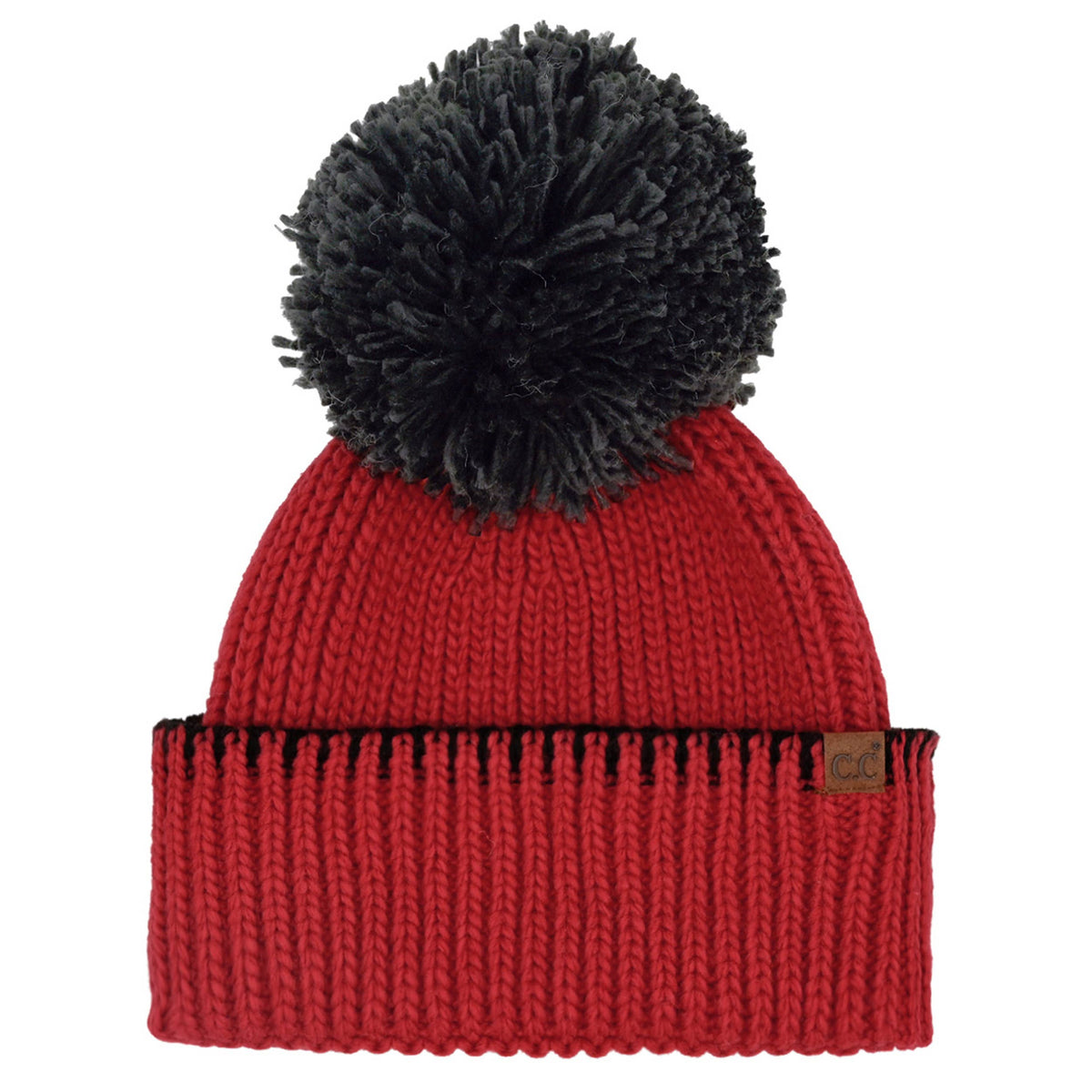 C.C Yarn Pom Game Day Team Stitch Point Beanie Hat: Red/Black