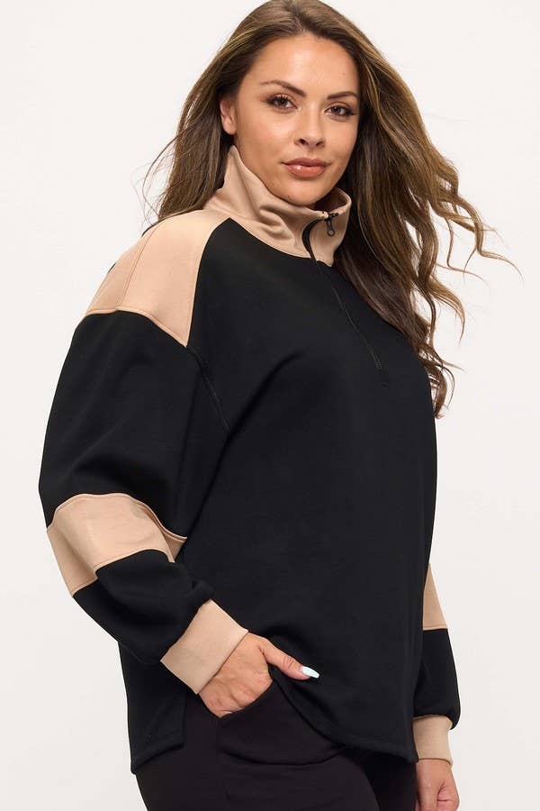 Women's Sleek Colorblock Half-Zip Cozy Fall Top Plus Size: Black/Light Khaki / XXL