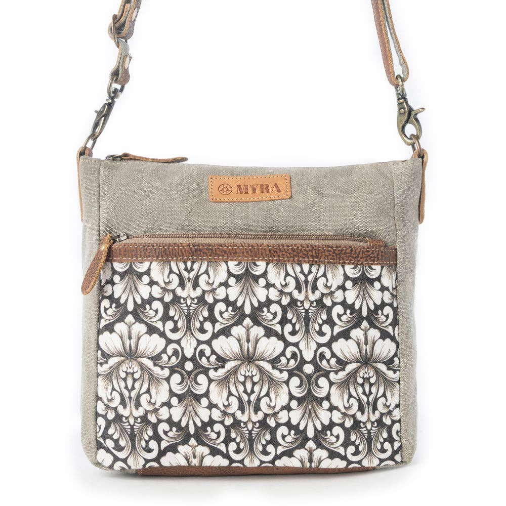 Damask Trail Vintage Crossbody Bag for Women in sage with print detail: Sage