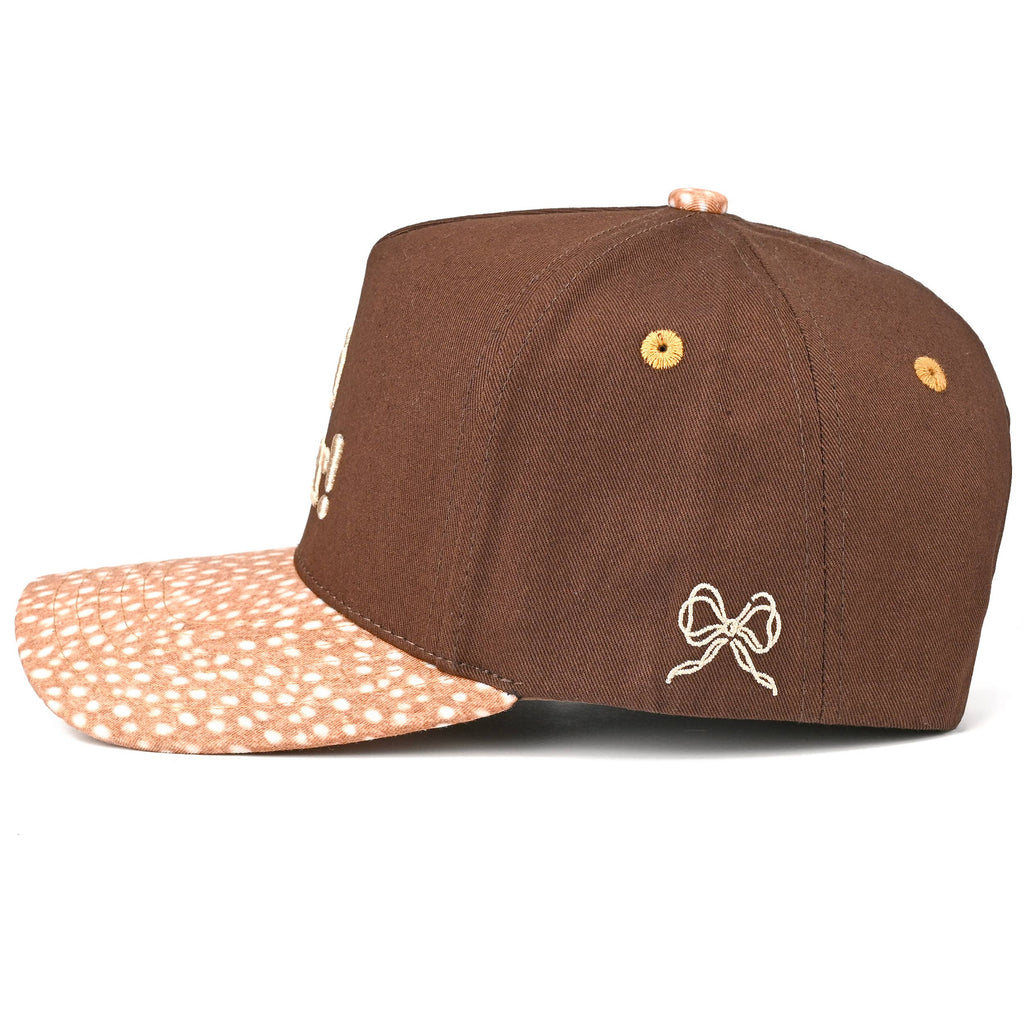 C.C OH DEER Letter Embroidered Two Tone Trucker Hat: Brown
