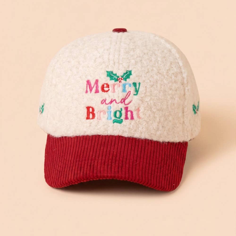 Merry And Bright Embroidered Sherpa Baseball Cap: IVORY