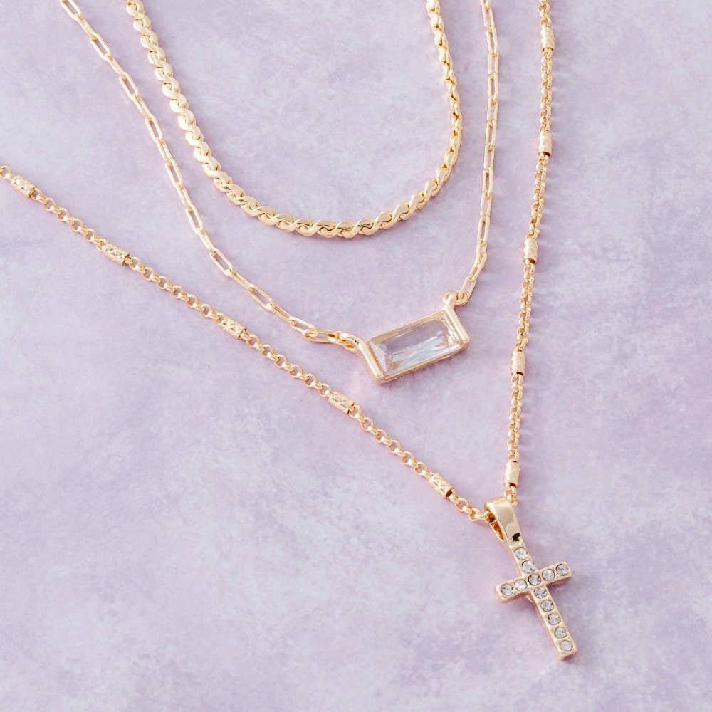 Triple Layered Chain Pave Cross Pendant Necklace: G