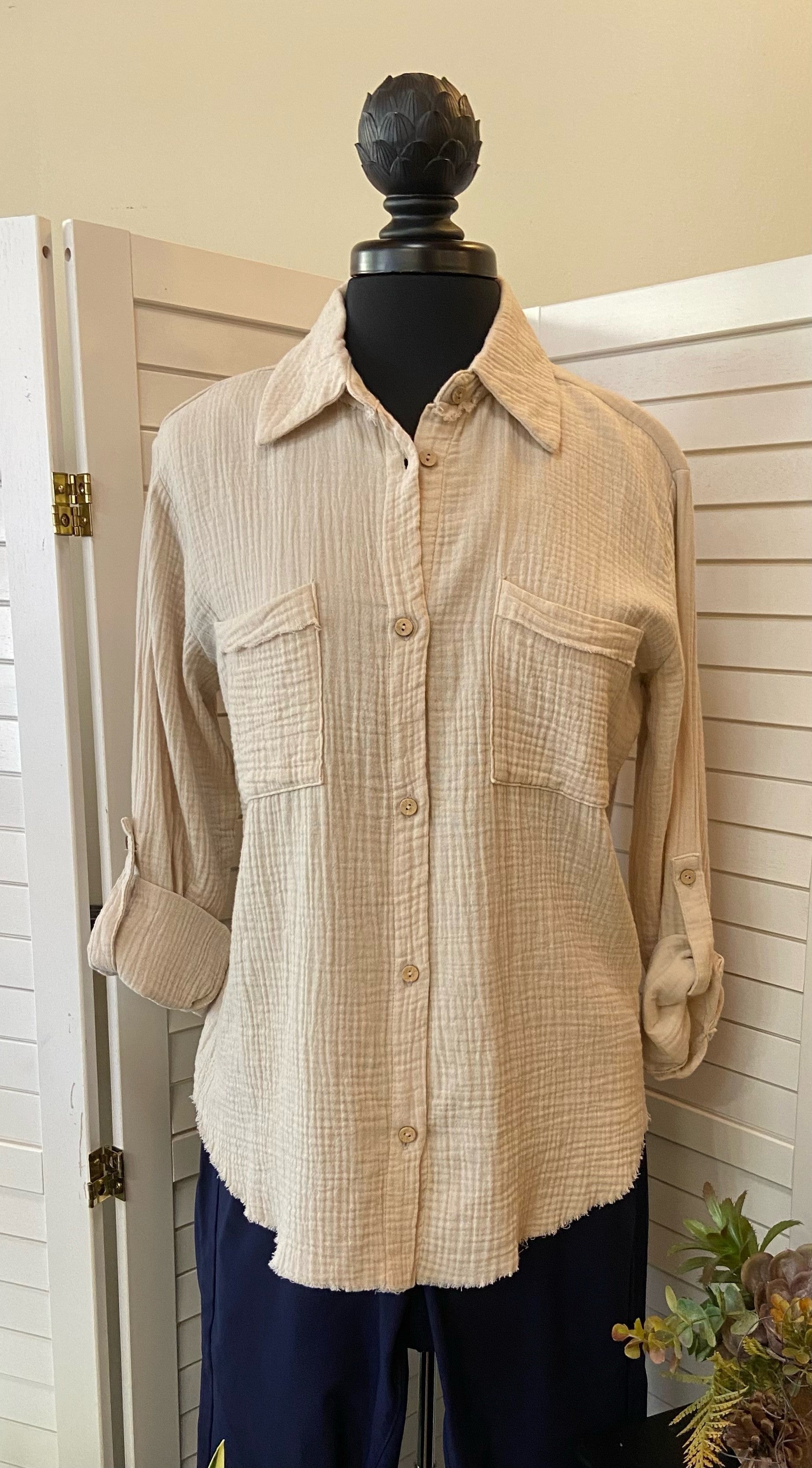 Gauze Button Down w/Roll-up Sleeve