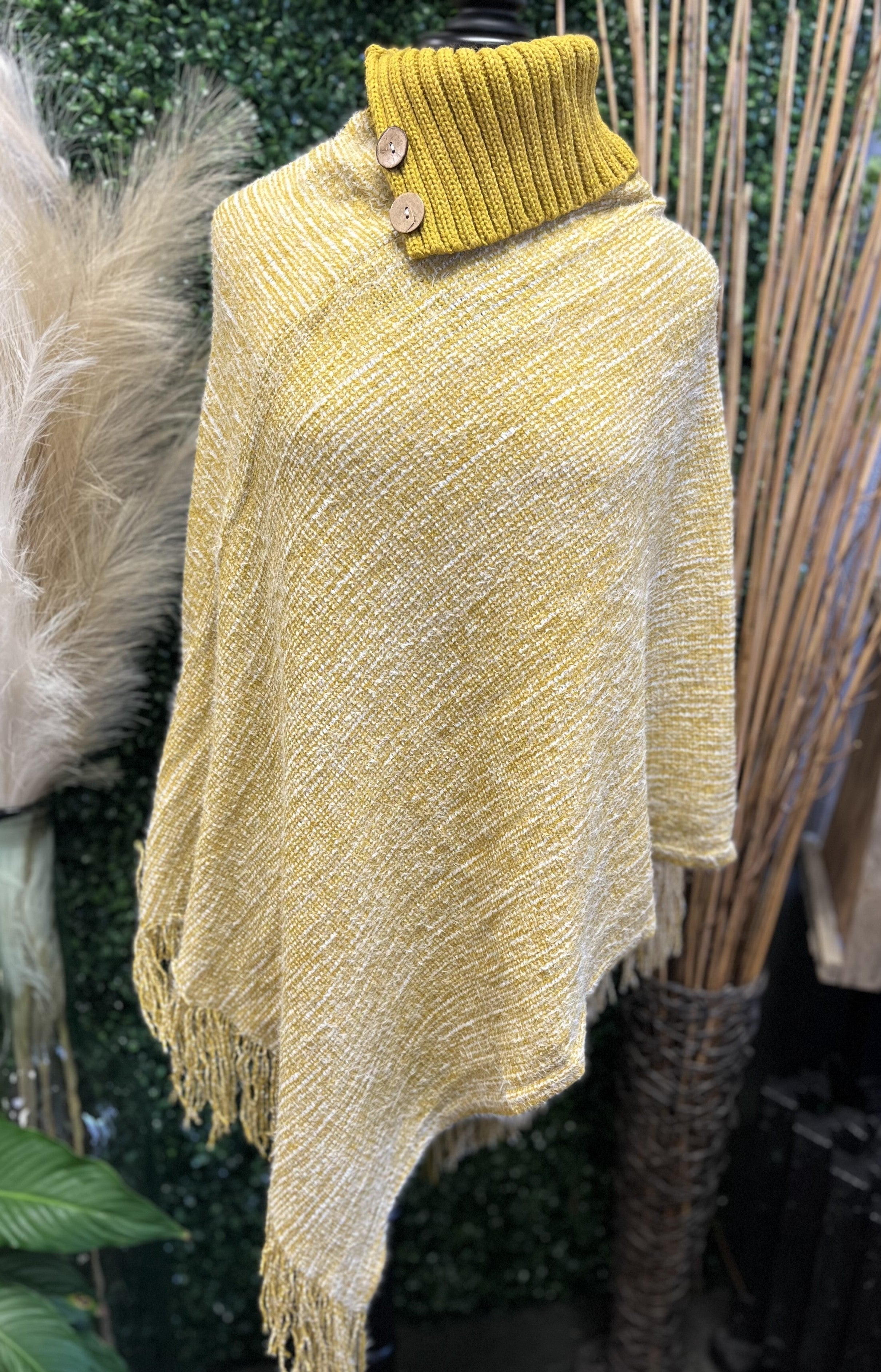 Turtleneck 2 Button Fringe Poncho