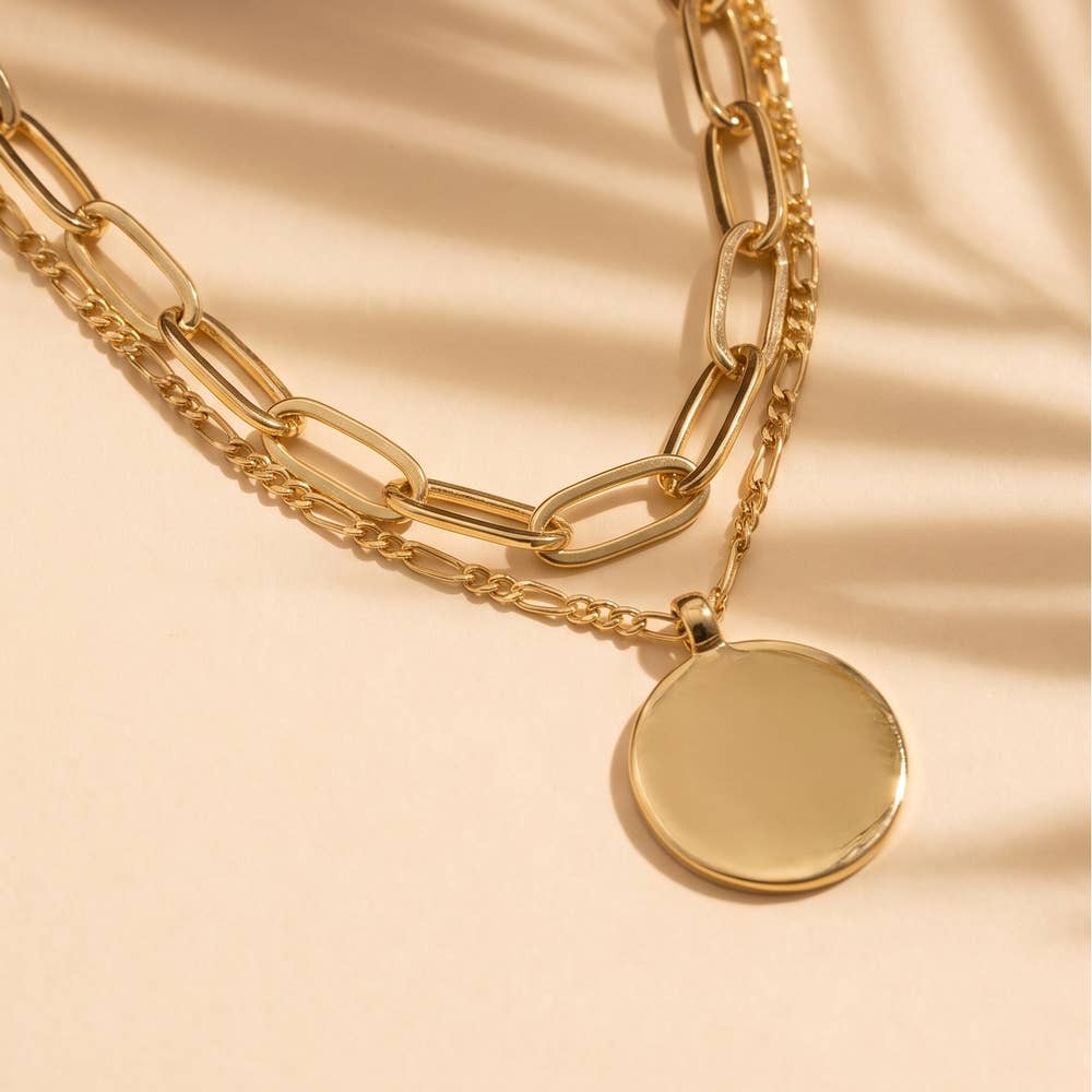 Layered Paperclip Chain Coin Pendant Necklace: G