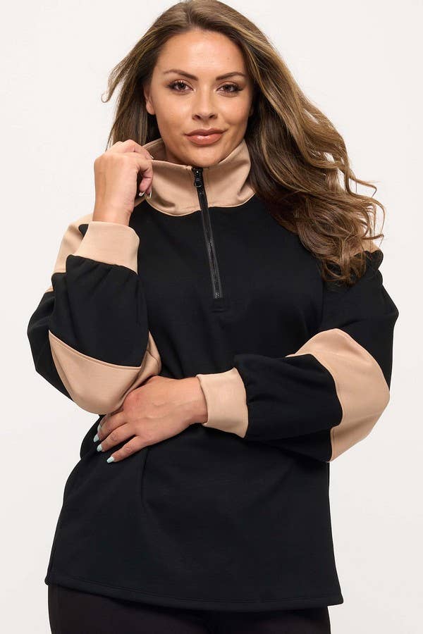 Women's Sleek Colorblock Half-Zip Cozy Fall Top Plus Size: Black/Light Khaki / XXL
