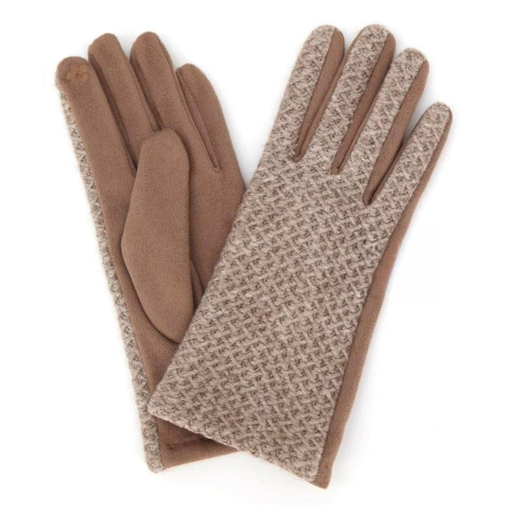 Herringbone Knit & Faux Suede Combi Touchscreen Gloves: Beige