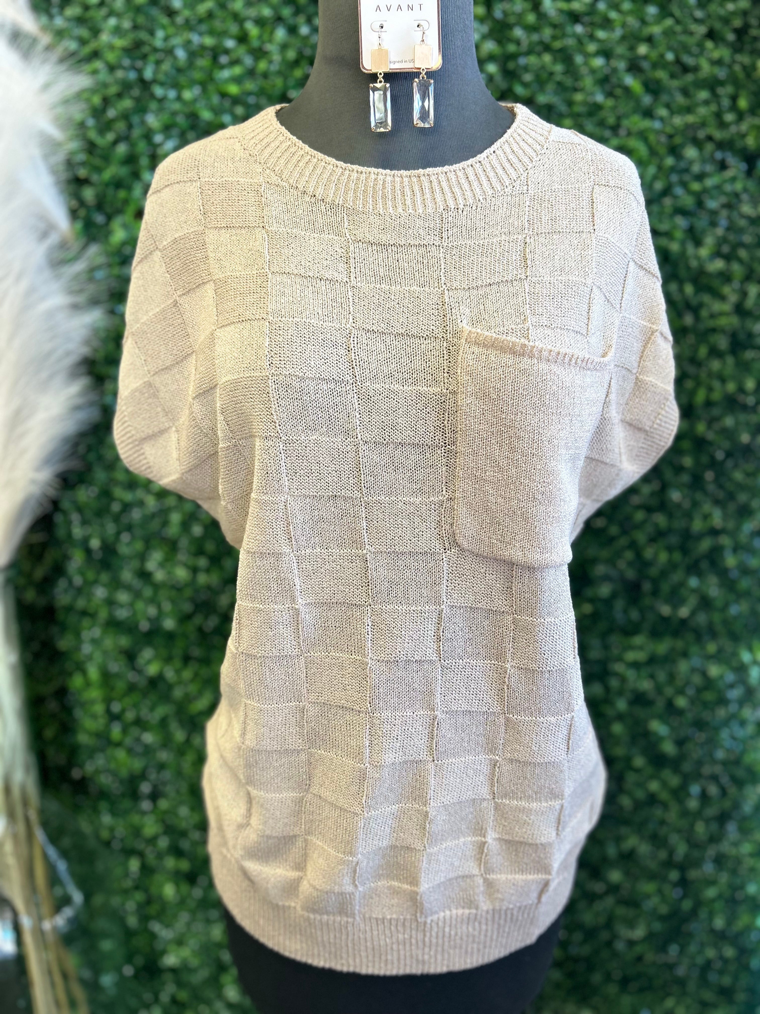 Lattice Textured Knit Short Sleeve Sweater