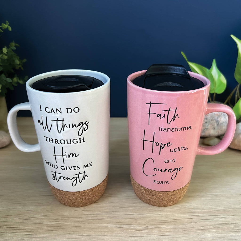 Ceramic Cork Bottom Travel Mugs: I Can Do All Things