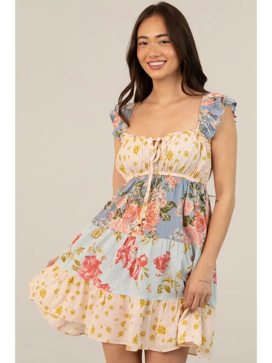 Print Flutter Sleeve Tiered Short Dress