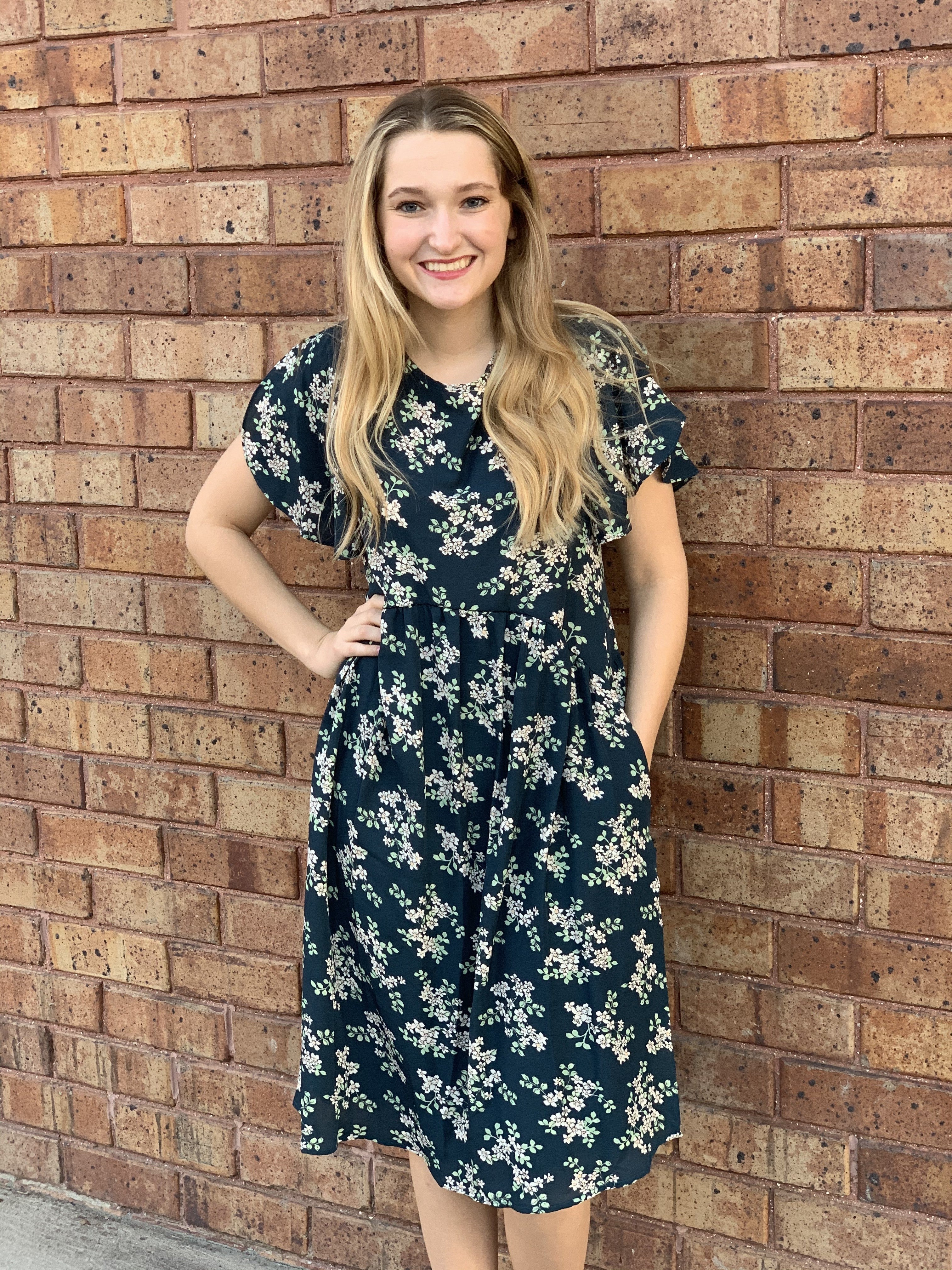 Teal Floral Dress w/ Pockets