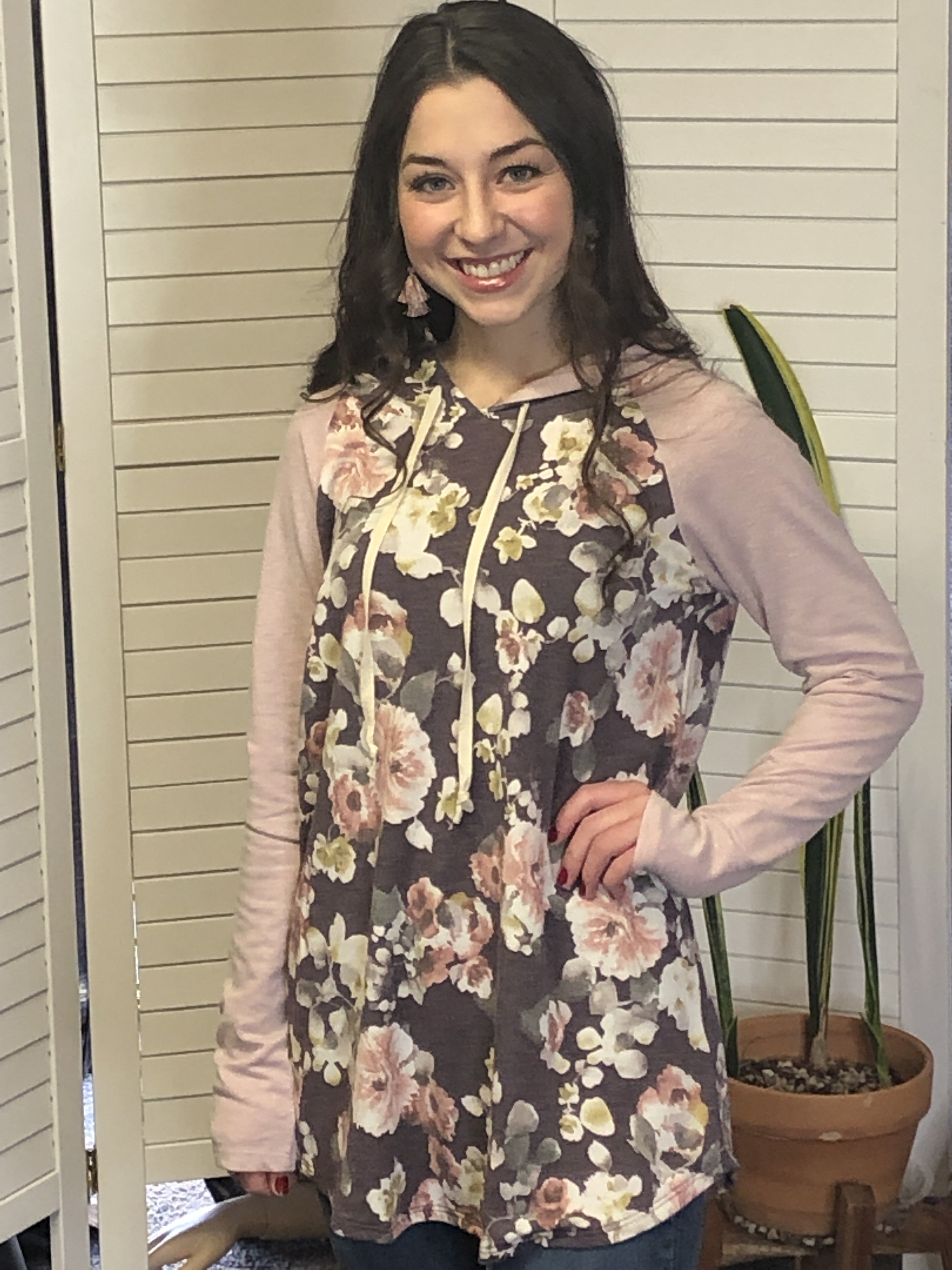 Floral knit hooded top with solid sleeves