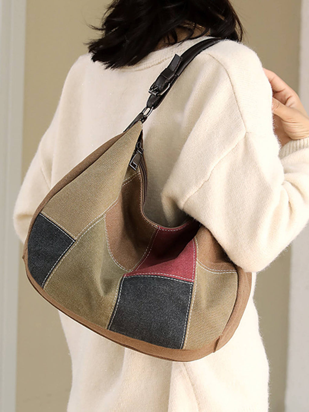 Retro Patchwork Single Shoulder Crossbody Bag: Brown