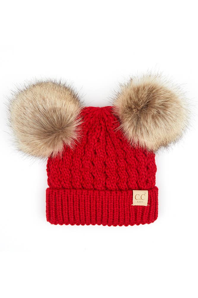 CC Kids Double Pom Pom All Over Cable Beanie: Ivory