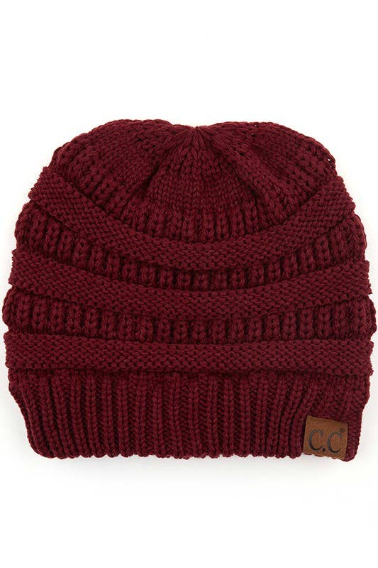 C.C Criss Cross Ponytail Knit Beanie Winter Hat: Burgundy