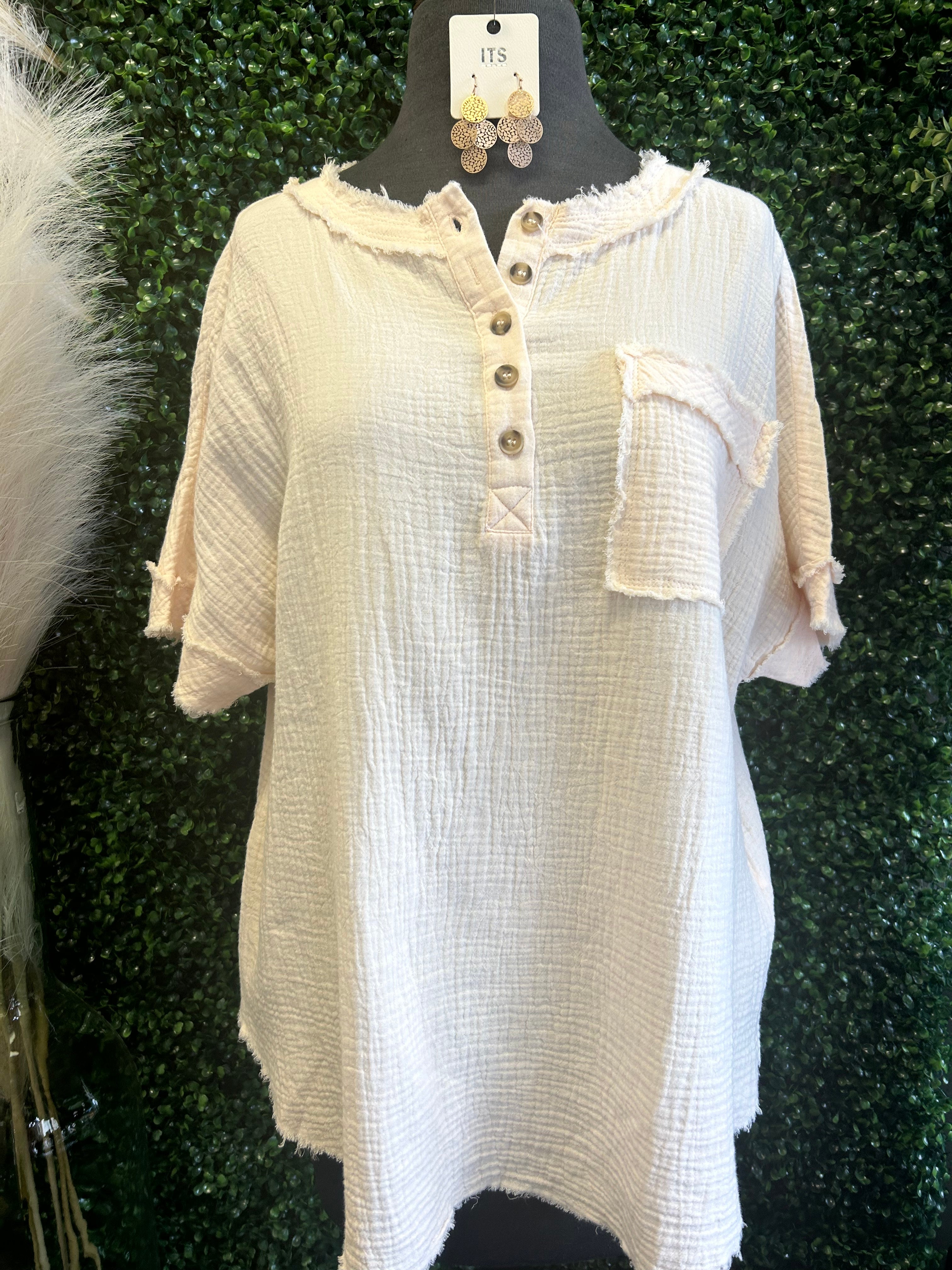 Crinkle Textured Frayed Trim Half Button Short Sleeve Top