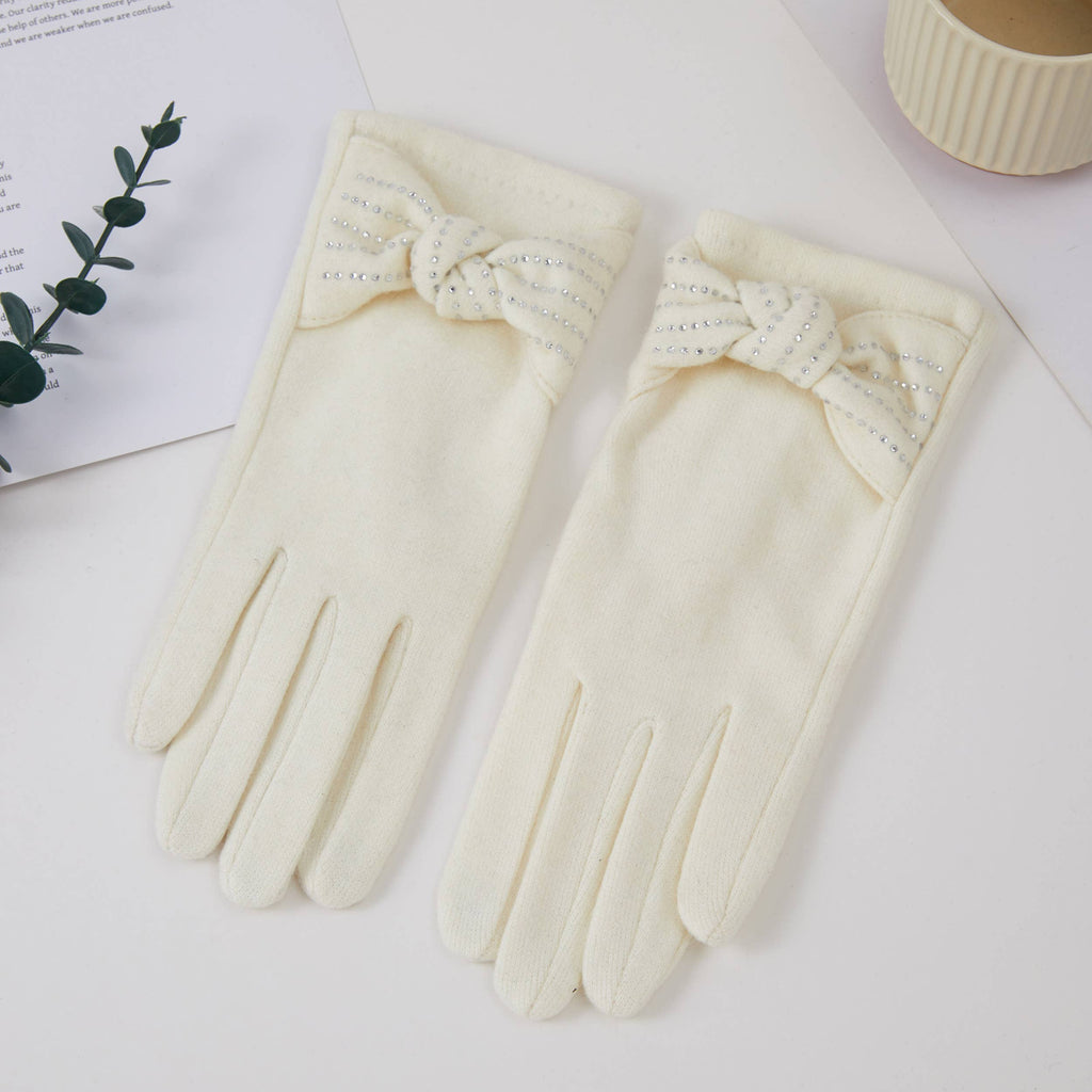 Stone Deco Bow Knit Winter Gloves: Red