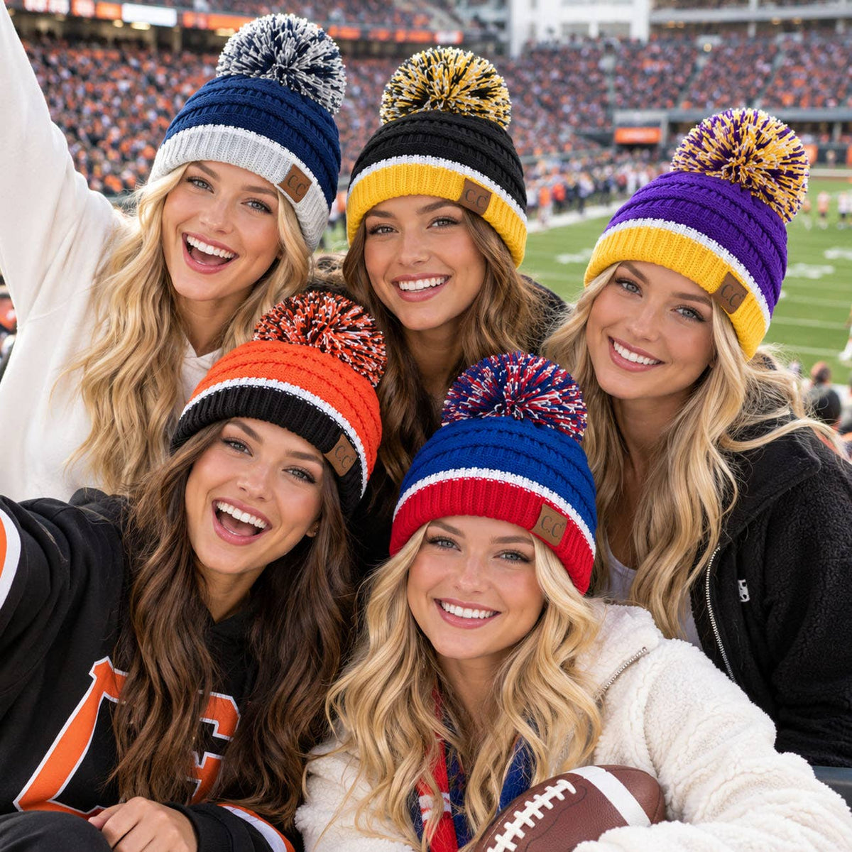 C.C Team Color Ribbed Beanie with Pom Winter Hat: 6.royal Blue/Red
