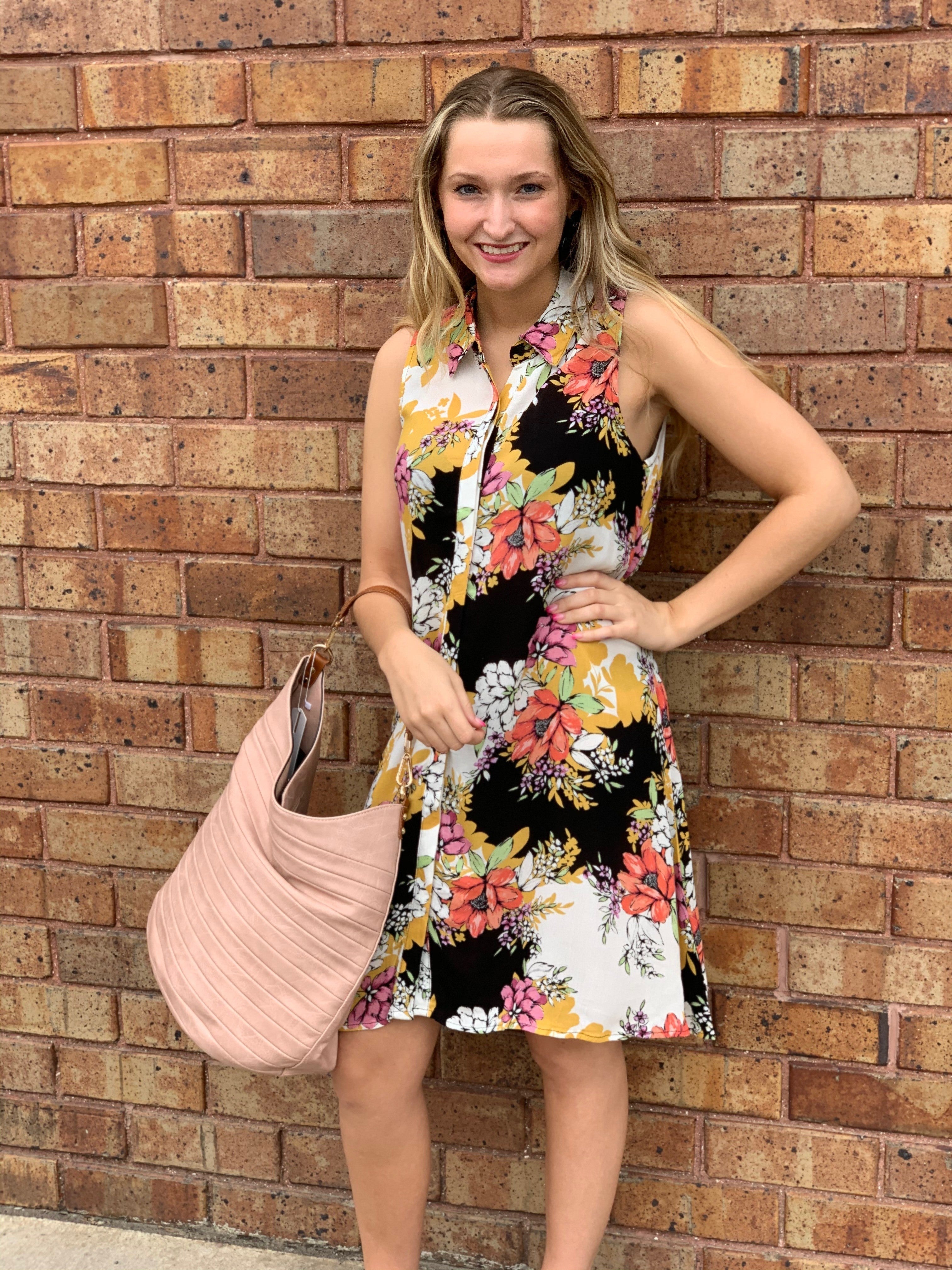 Black Floral Sleeveless Collared Dress