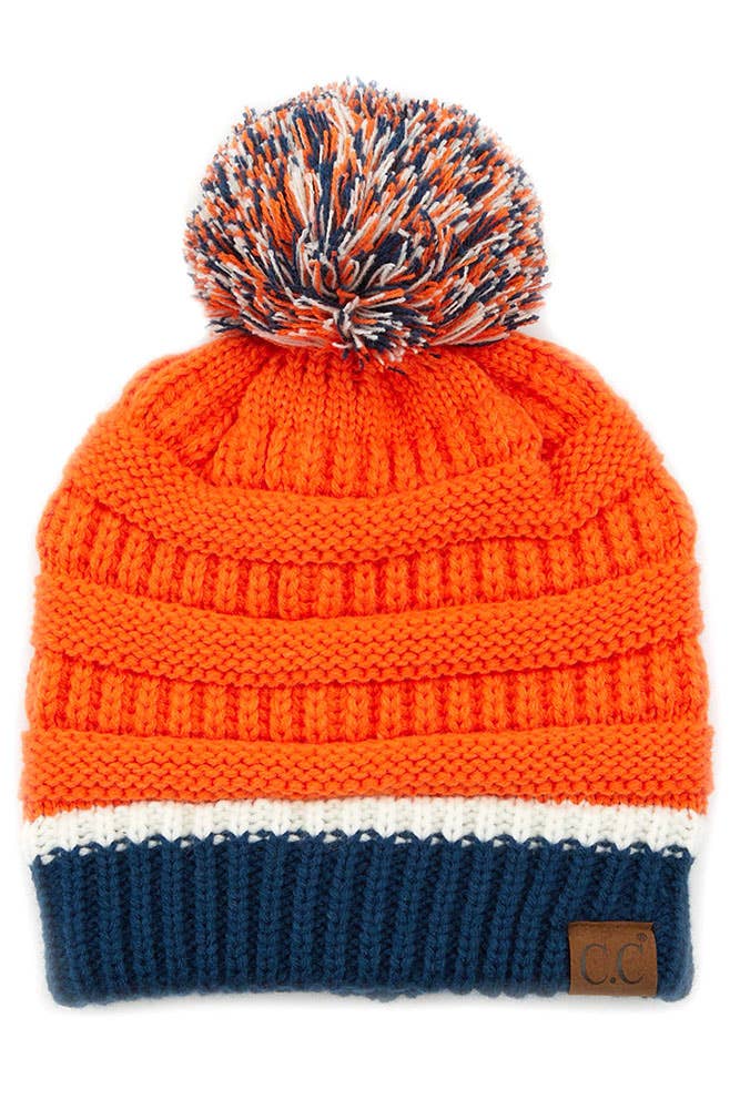 C.C Team Color Ribbed Beanie with Pom Winter Hat: 6.royal Blue/Red