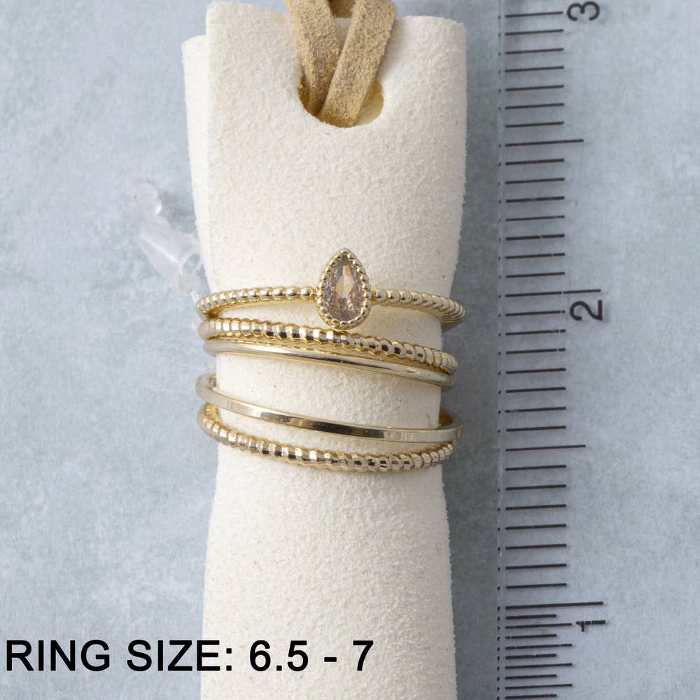 Five Piece Cz Bezel Pear Stone Stacking Ring Set: GDCRY