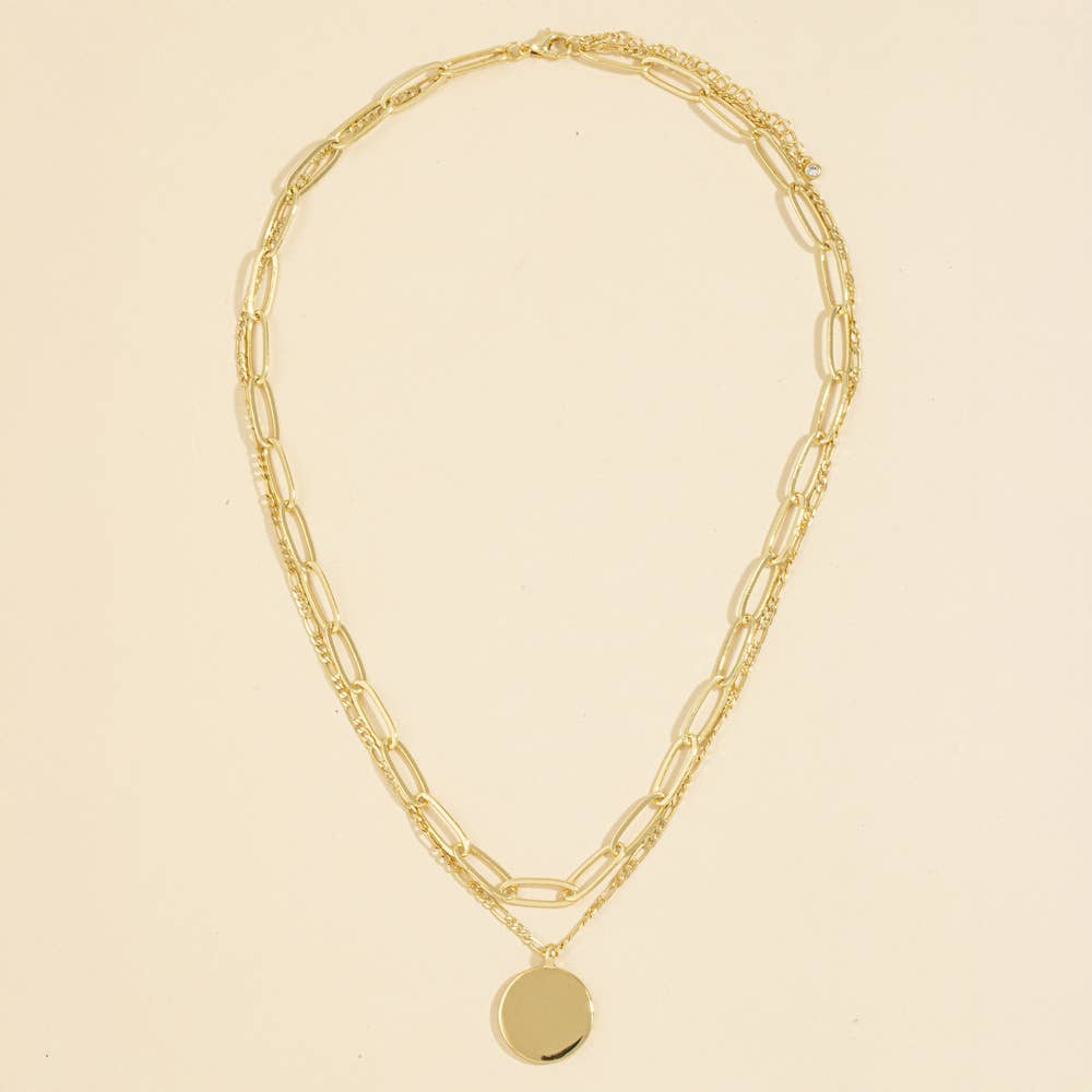 Layered Paperclip Chain Coin Pendant Necklace: G