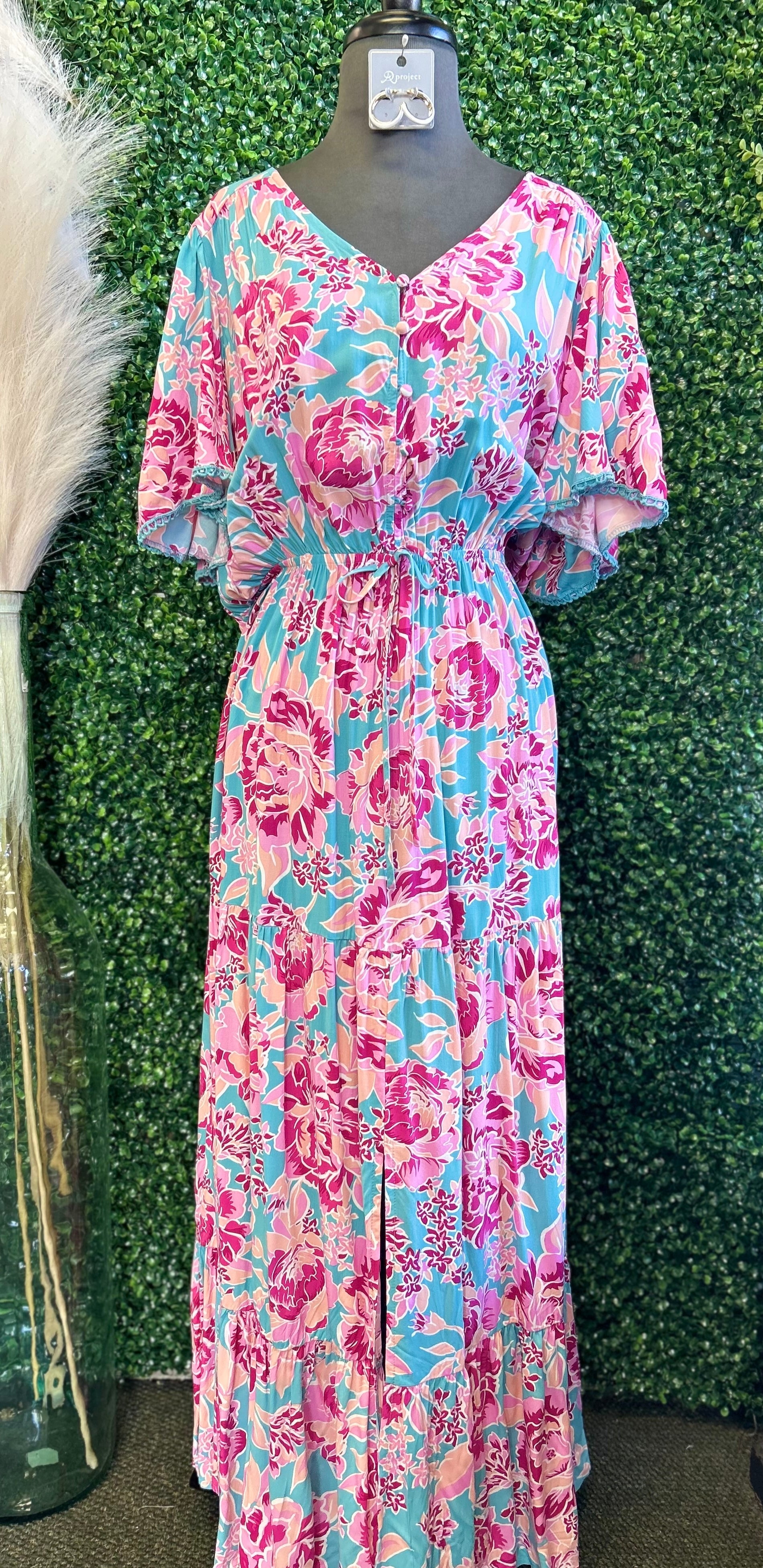 Floral V-neck Flared Sleeve Dress