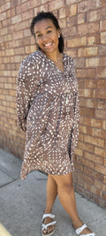 Print Long Sleeve Dress w/ Pockets