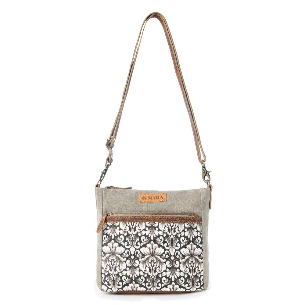 Damask Trail Vintage Crossbody Bag for Women in sage with print detail: Sage