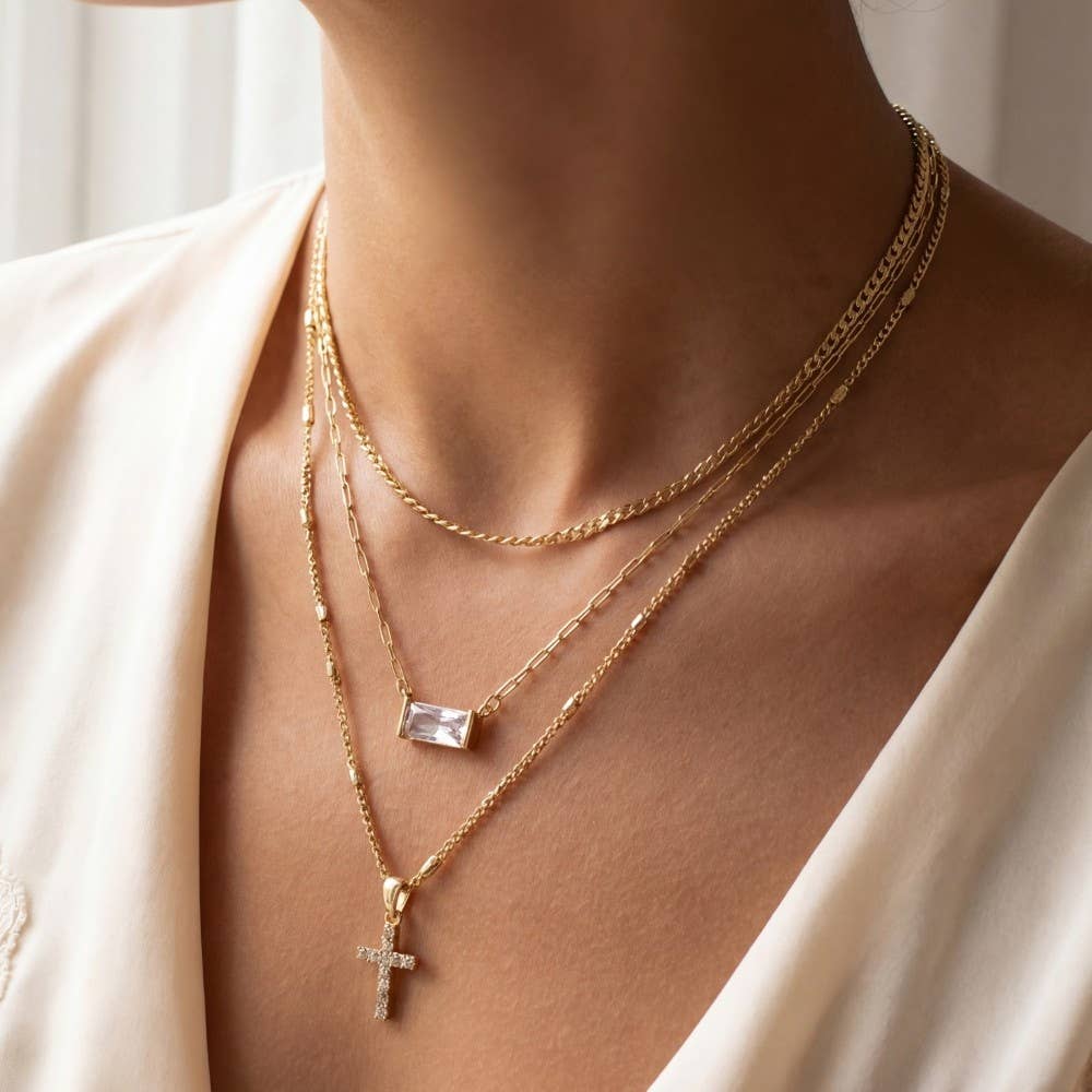 Triple Layered Chain Pave Cross Pendant Necklace: G