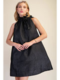 Ruffle Tie Neck Textured Jacquard Mini Dress