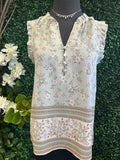 Split Neck Floral Border Woven Top