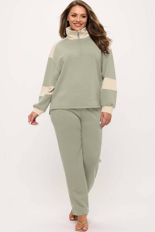 Women's Sleek Colorblock Half-Zip Cozy Fall Top Plus Size: Black/Light Khaki / XL