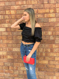 Black Cinch Ruffle Off Shoulder Crop Top