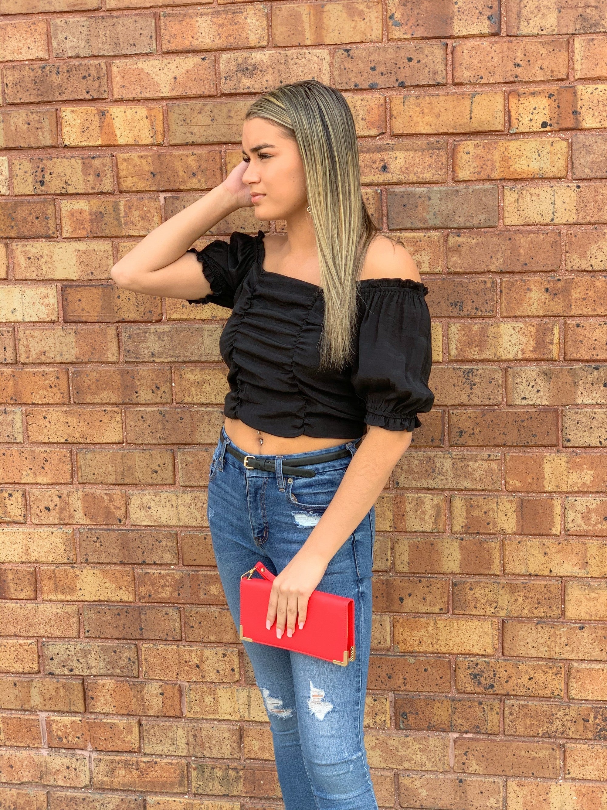 Black Cinch Ruffle Off Shoulder Crop Top