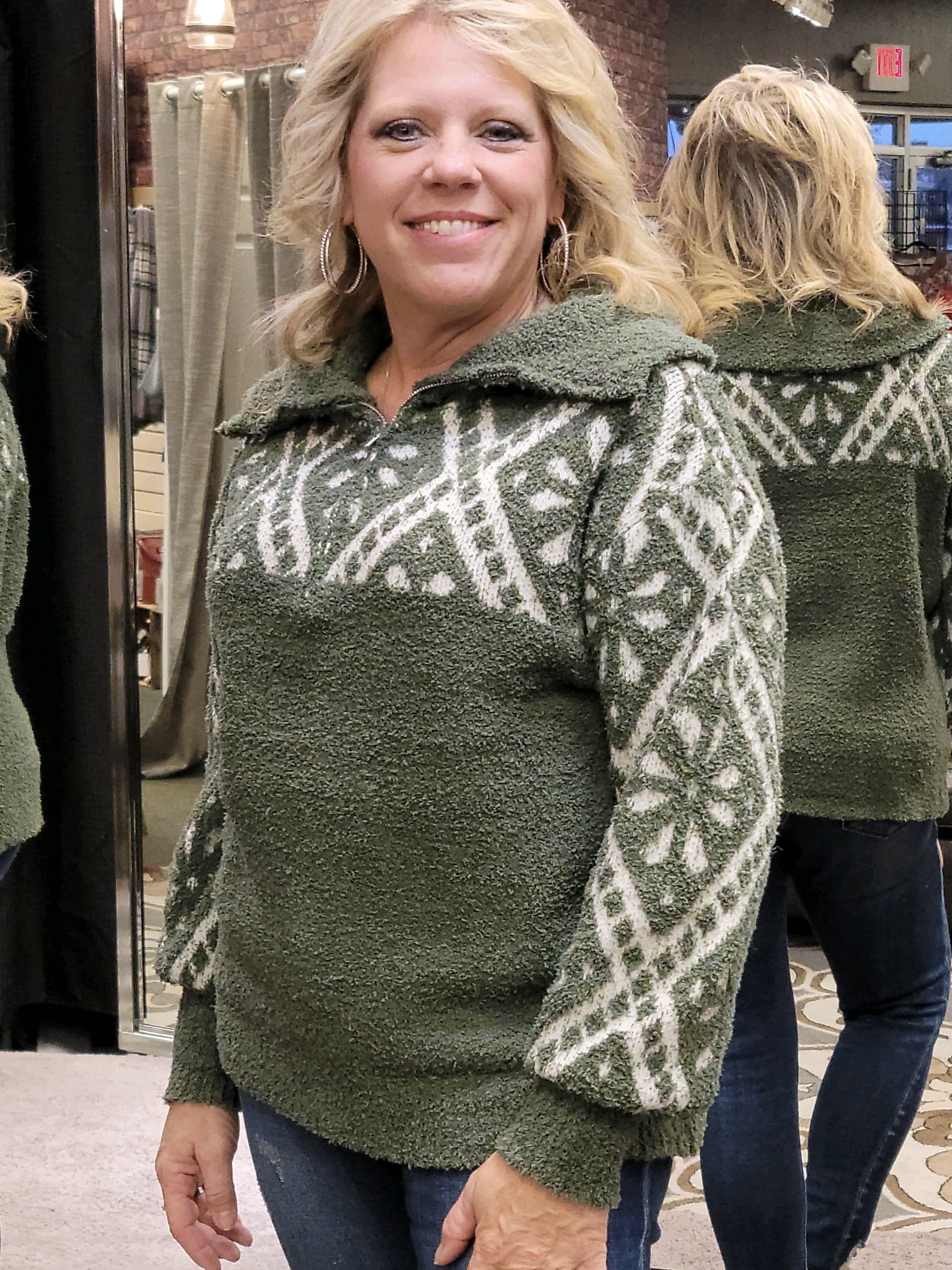 Olive Oversized Fleece Aztec Sweater