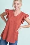 navy polka dot short sleeve ruffle blouse